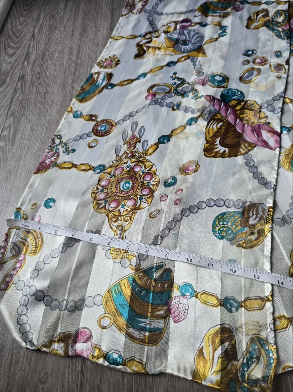 Satin Stripe Oblong Scarf Nautical Seashell Pearl Jewel Print Cream Gold Long